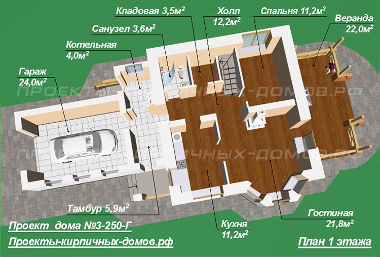 План первого этажа дома 8х8 с гаражом